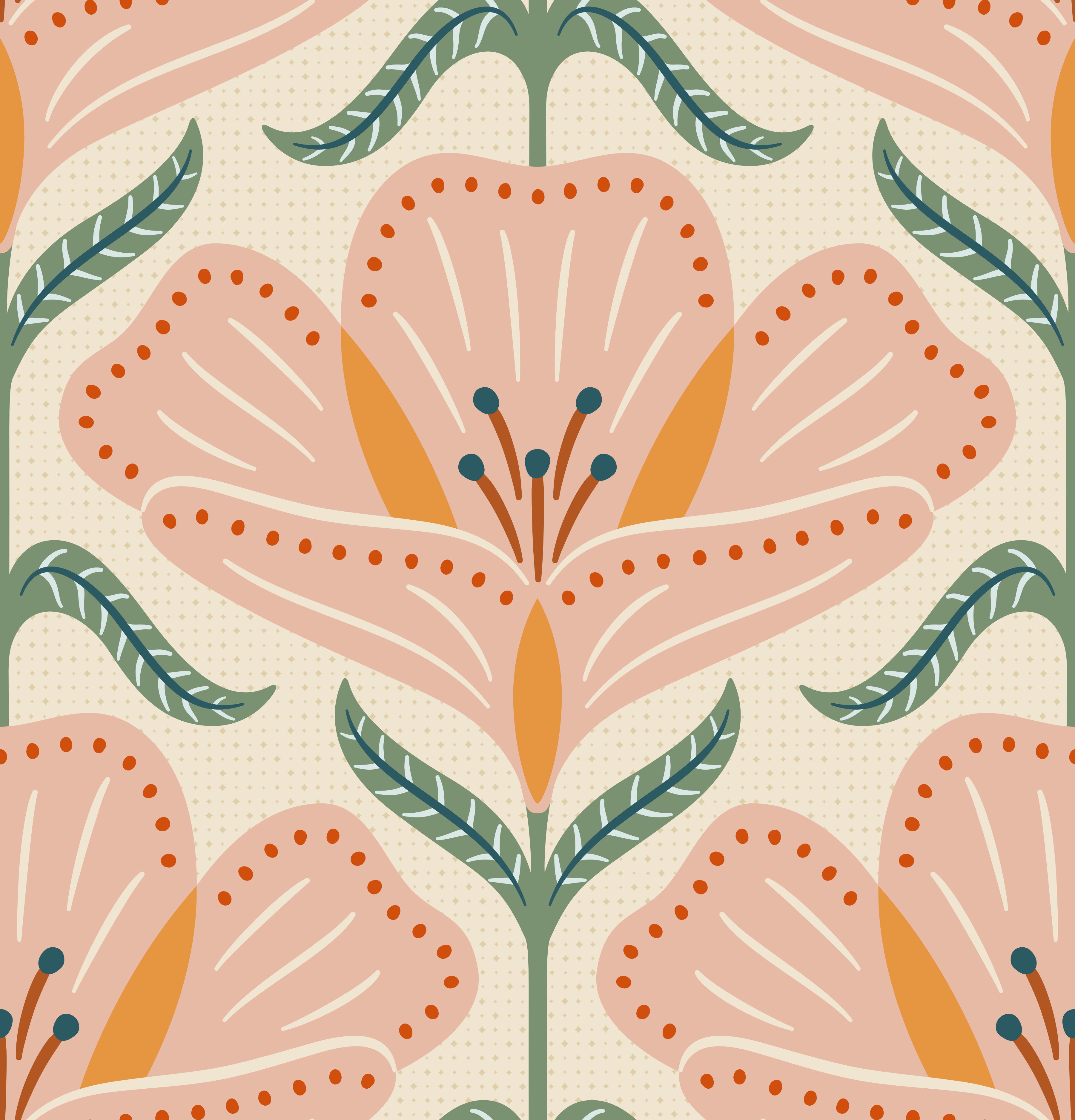 Pattern of pink flowers with green leaves on a beige background